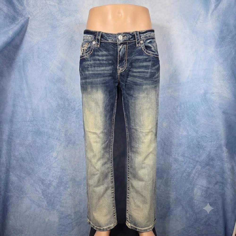 Rock Revival Jobe Boot Cut Jeans Mens 38 Blue Faded Distressed Heavy Stitching